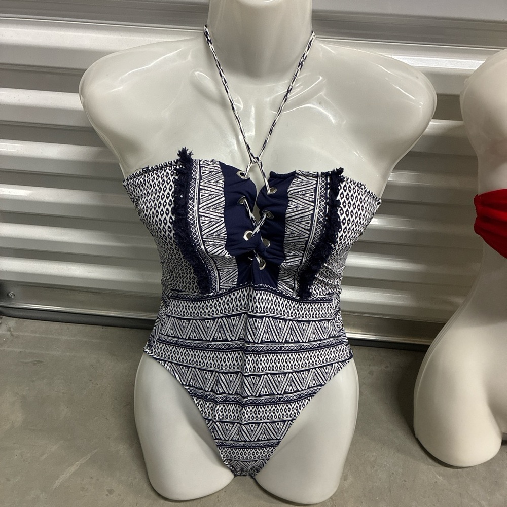 Navy and White Strapless Swimsuit